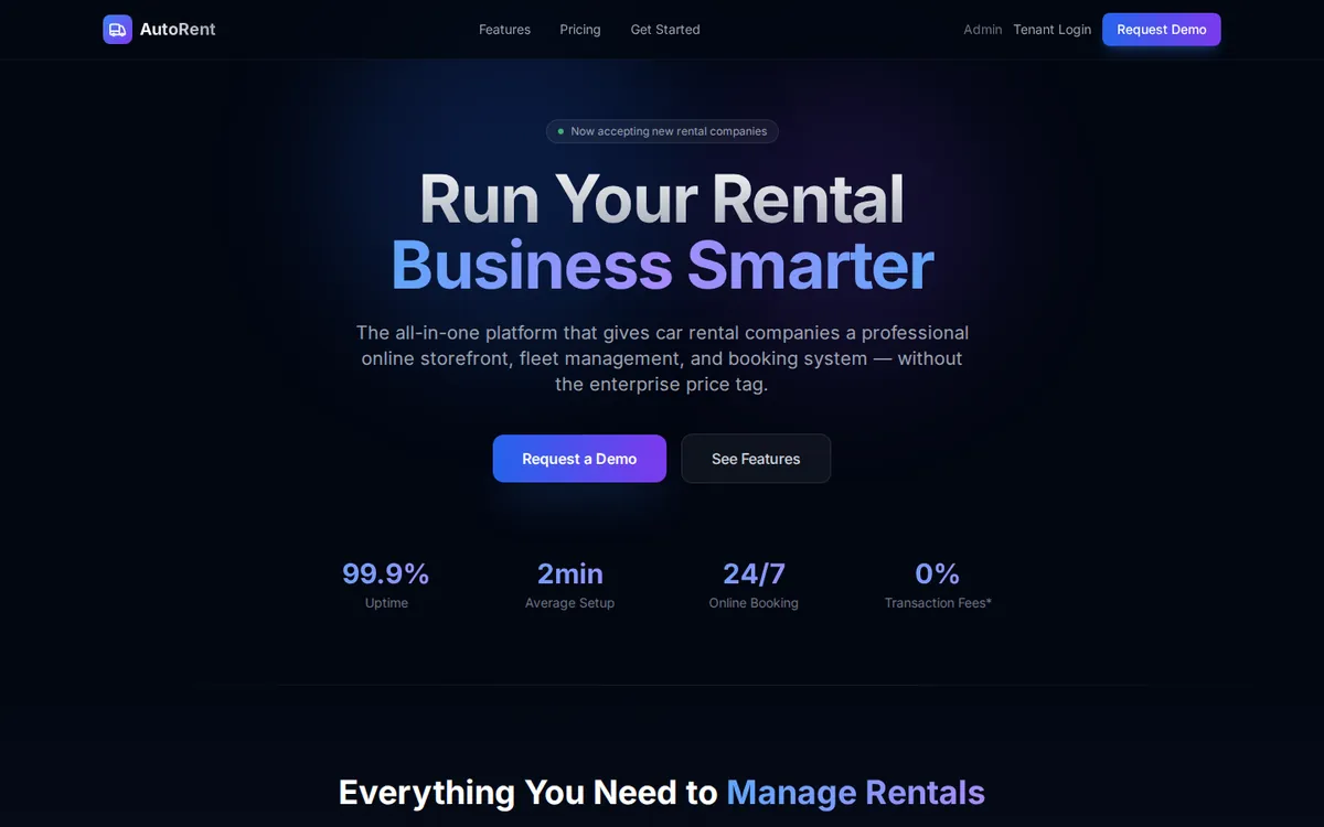 Homepage of the AutoRent website